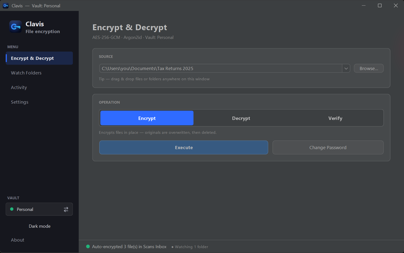Clavis main window in dark mode: encrypt, decrypt and verify