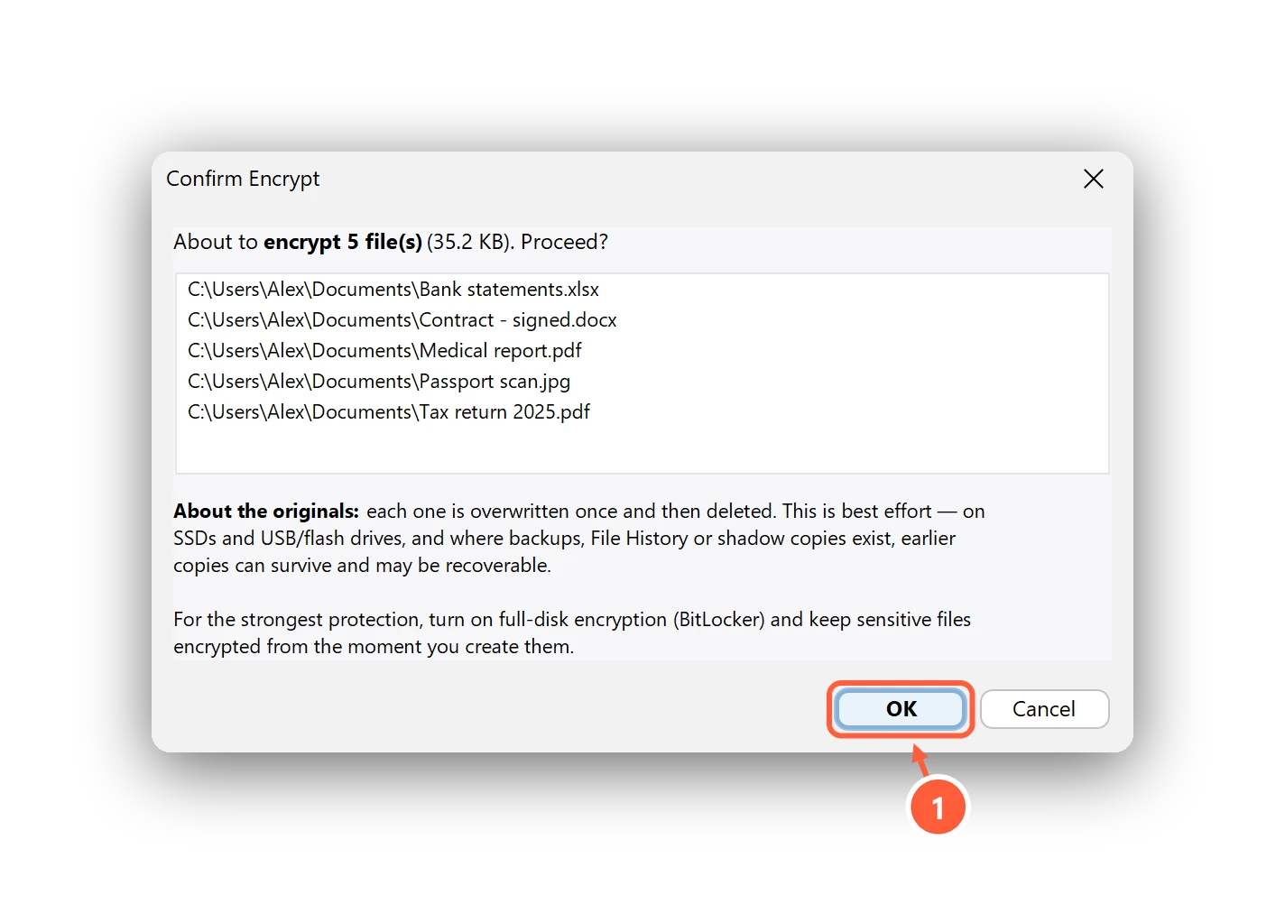 The confirmation before encrypting