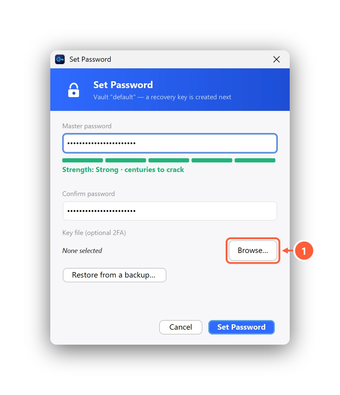 Choosing a key file when creating a vault