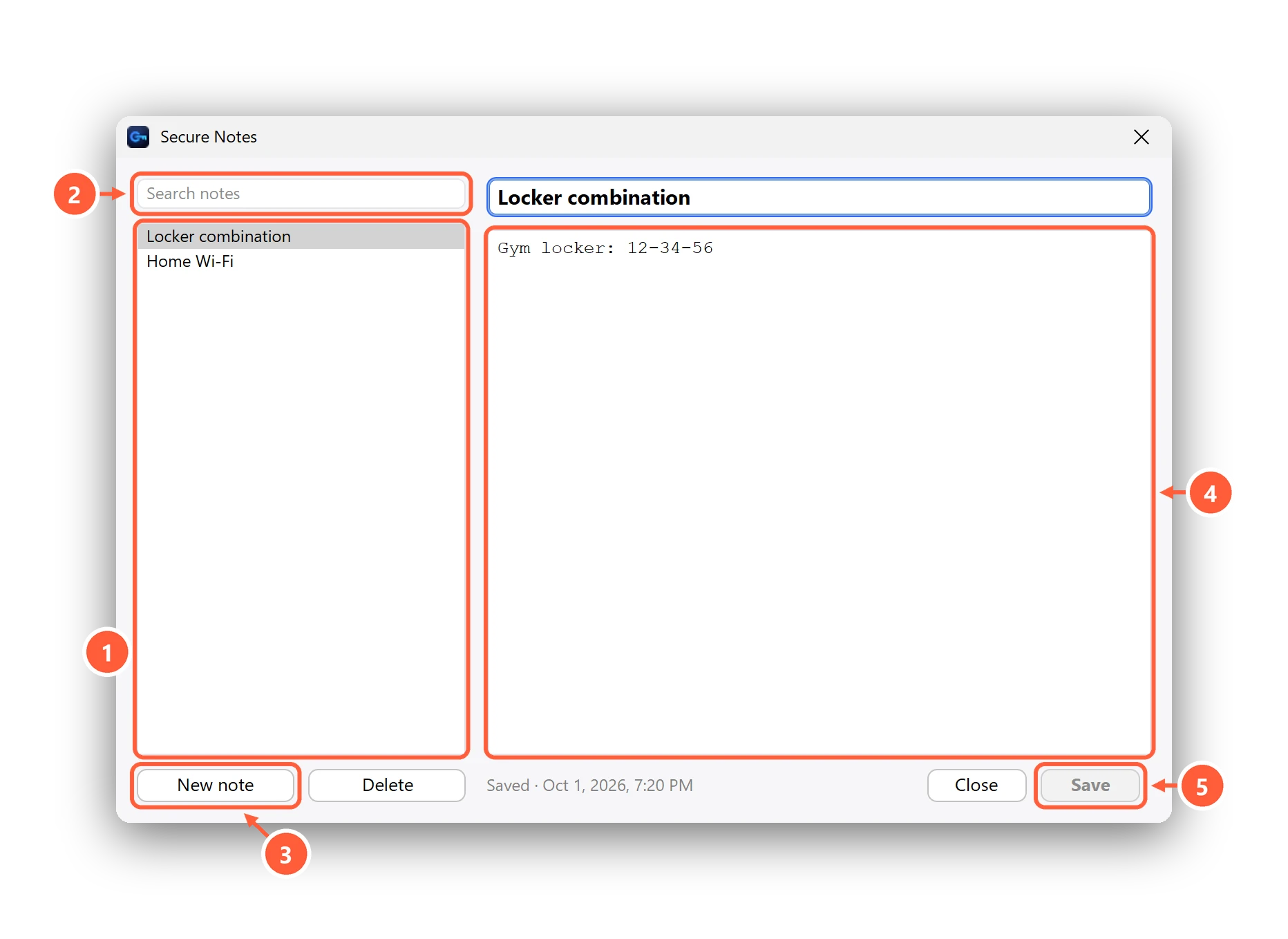 The Secure Notes window