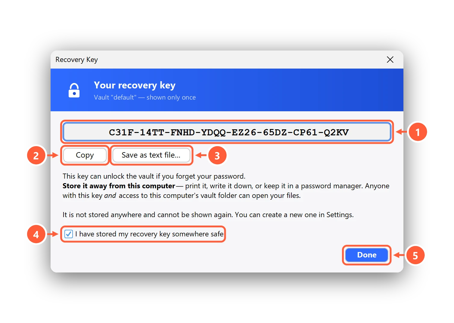The Clavis recovery key screen
