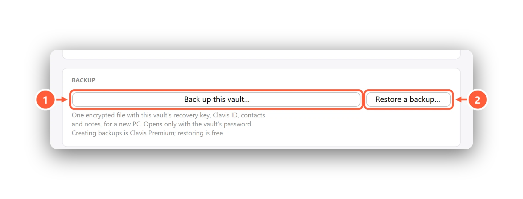 The Backup section in Settings