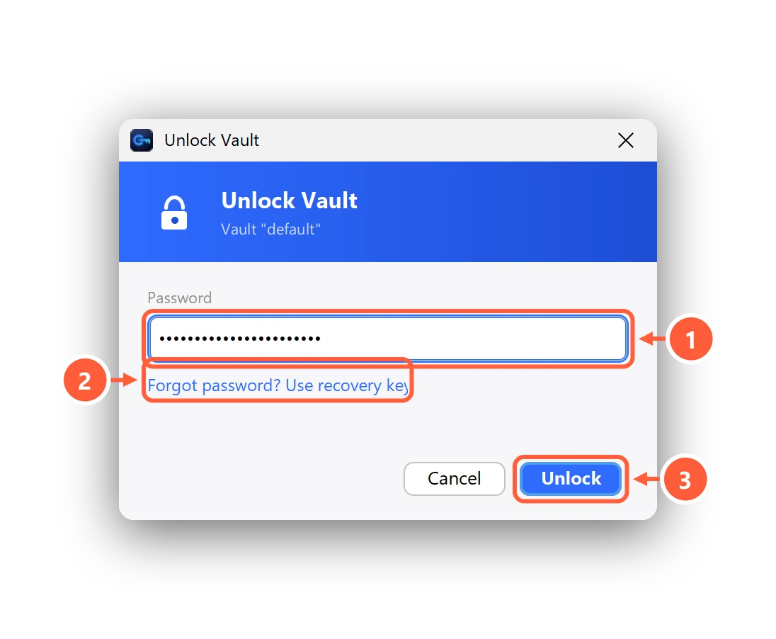 The unlock screen with the recovery key link
